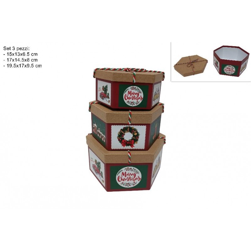 SET 3 SCATOLE CARTONE ESAGONALE NATALE 13x15x7cm - 15x17x8cm - 17x20x10cm [2650036-00.jpg]