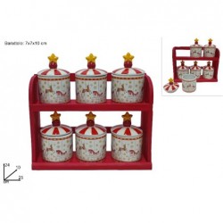 SET 6 BARATTOLI CERAMICA DECORO RENNA CON MOBILETTO IN LEGNO ROSSO [9010162-00.jpg]