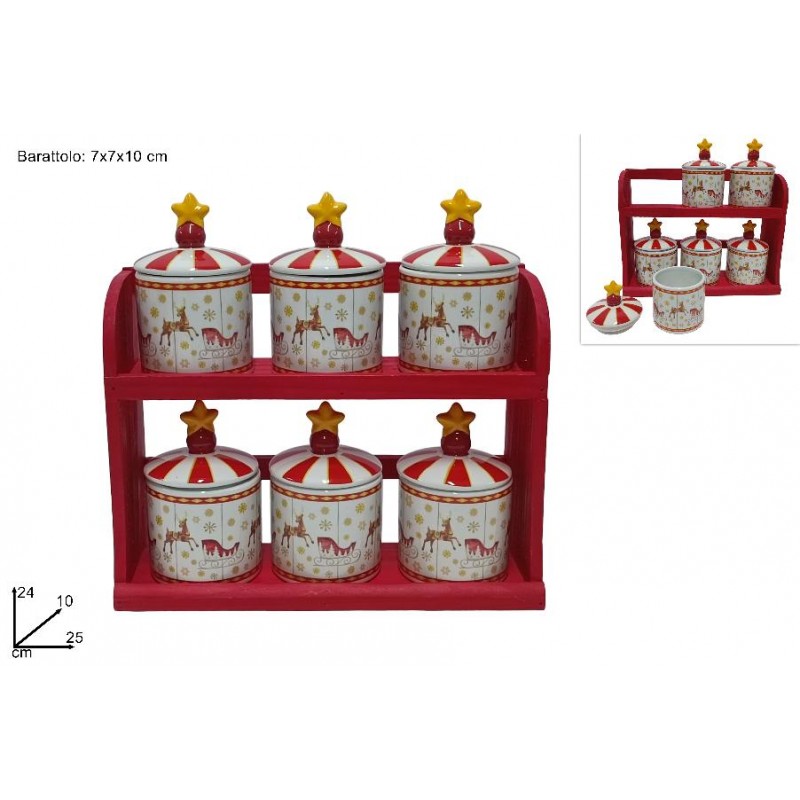 SET 6 BARATTOLI CERAMICA DECORO RENNA CON MOBILETTO IN LEGNO ROSSO [9010162-00.jpg]