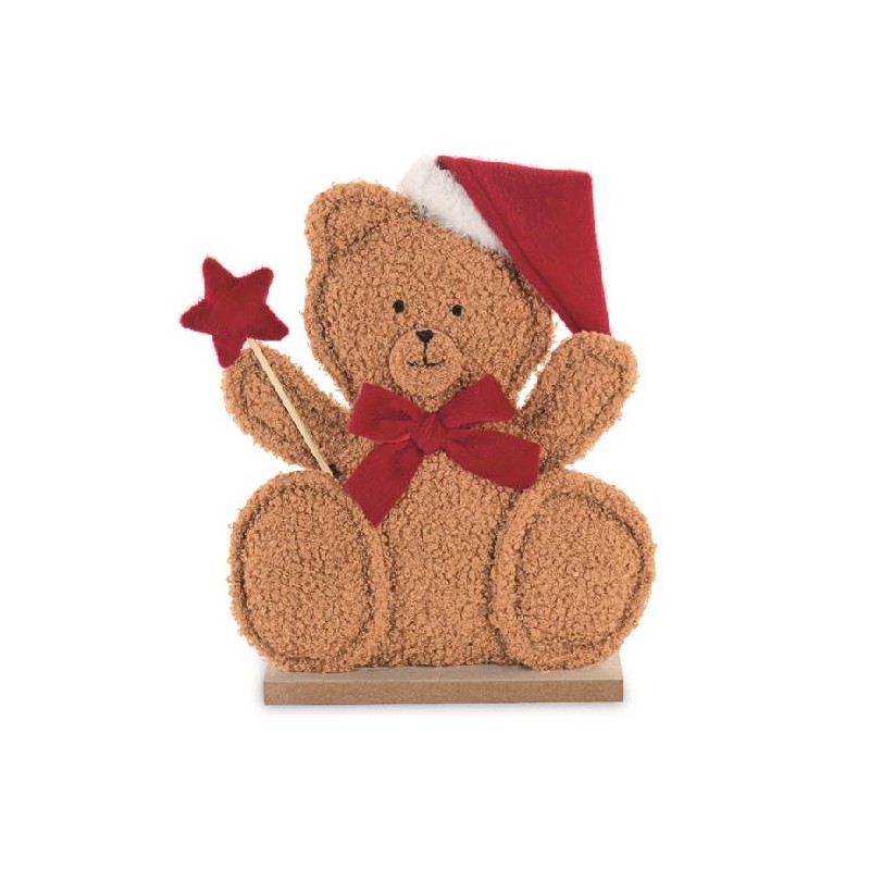 ORSETTO SEDUTO LEGNO-TESSUTO 23xh29cm CON CAPPELLO NATALE E FIOCCO ROSSO [TONO40996-00.jpg]