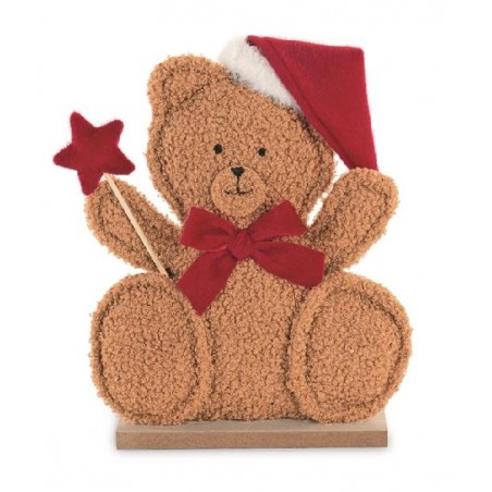 ORSETTO SEDUTO LEGNO-TESSUTO 23xh29cm CON CAPPELLO NATALE E FIOCCO ROSSO [TONO40996-00.jpg]