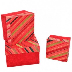 SET 3 SCATOLE QUADRE ROSSO RIGHE GLITT. 11x11x7 - 13x13x9 - 16x16x10 [2650103-00.jpg]