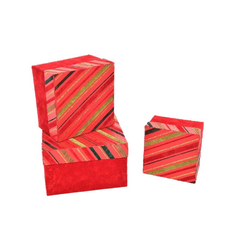 SET 3 SCATOLE QUADRE ROSSO RIGHE GLITT. 11x11x7 - 13x13x9 - 16x16x10 [2650103-00.jpg]