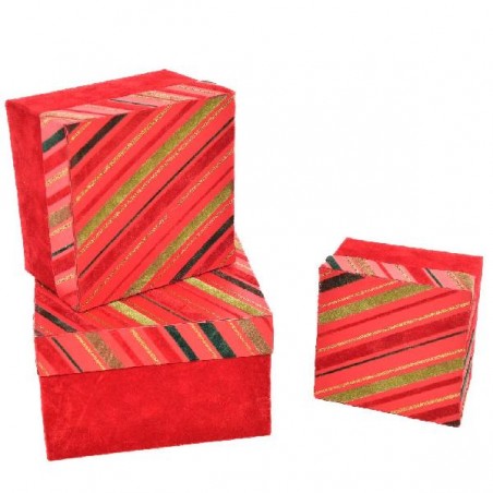 SET 3 SCATOLE QUADRE ROSSO RIGHE GLITT. 11x11x7 - 13x13x9 - 16x16x10 [2650103-00.jpg]
