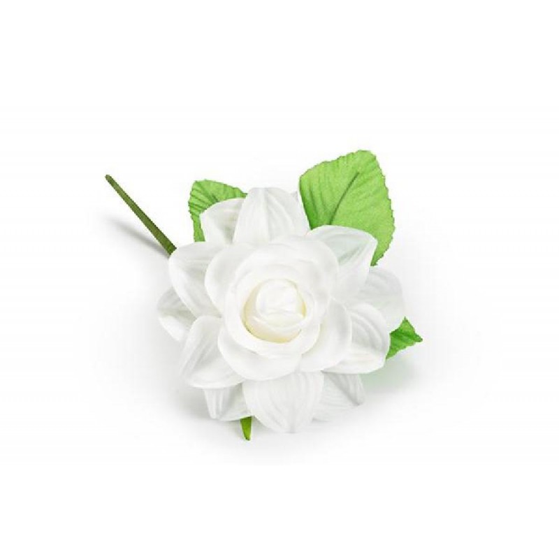 FIORE ROSA CON FOGLIE 5cm BIANCA [0130545-00.jpg]