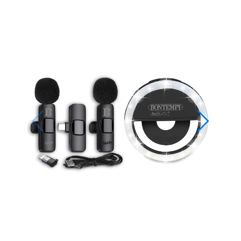KIT SELFI BONTEMPI ANELLO LUMINOSO+ 2 MICROFONI WIRELESS+ADATTATORE INCLUSO [5506006-00.jpg]