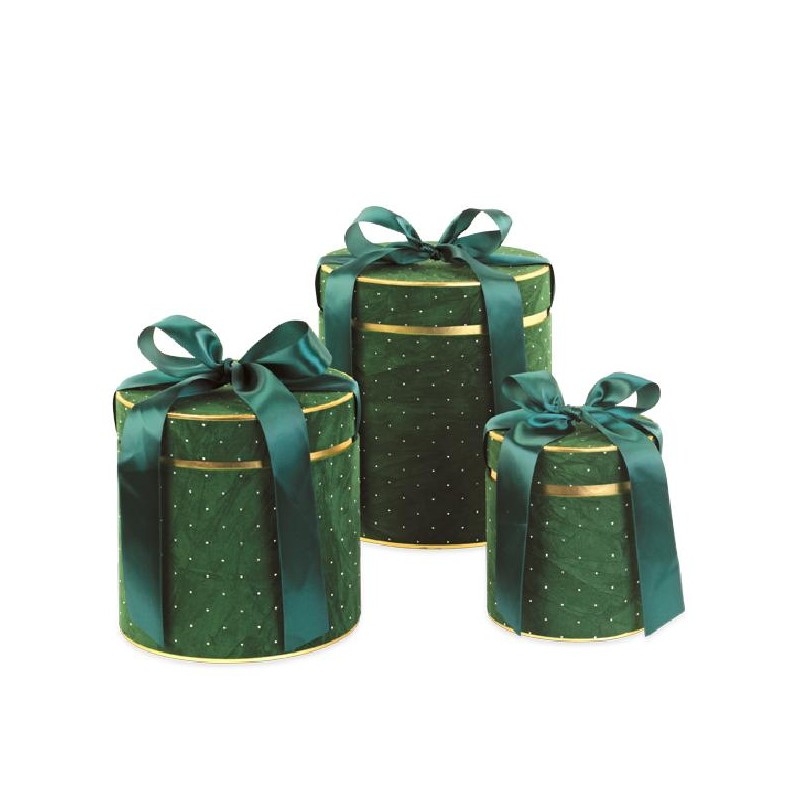 SET 3 SCATOLE VELLUTO VERDE ROTONDE mm d145h160 -d195h200 - d220h250 [TONO242541-00.jpg]