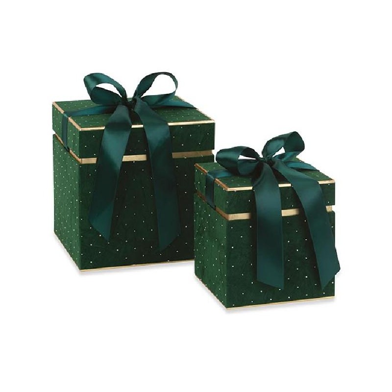---SET 2 SCATOLE VELLUTO VERDE C/STRASS mm 160x160h170 - 210x210h220 [TONO242539-00.jpg]