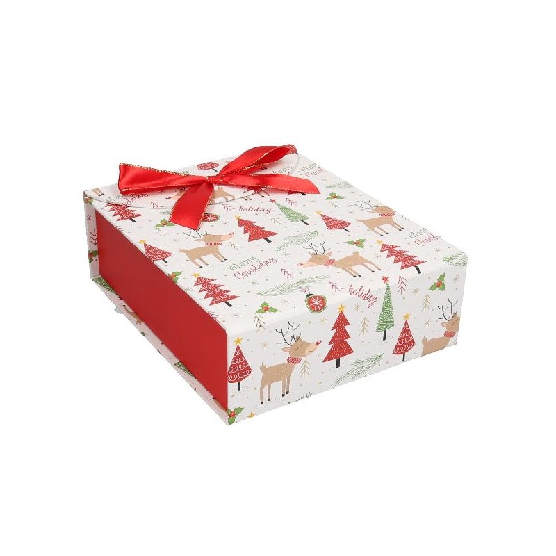 SCATOLA CARTONE BIANCO/ROSSO 18x22x8h DECORI NATALE CON FIOCCO RASO ROSSO [2691003-00.jpg]