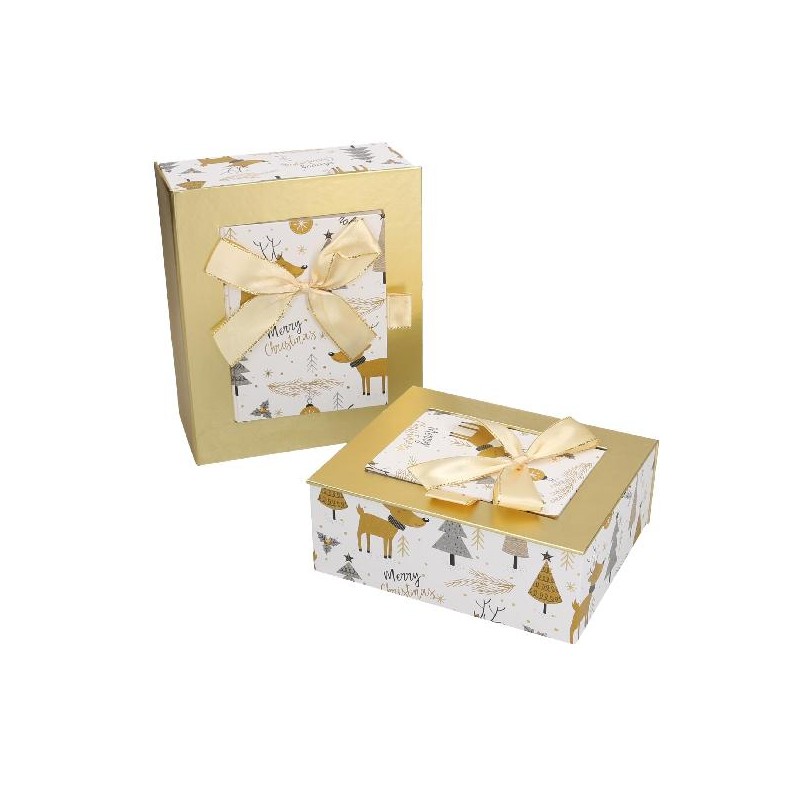 SET 2 SCATOLE CARTONE BIANCO/ORO+FIOCCO 13x16x6h - 16x19x8h [2691004-00.jpg]