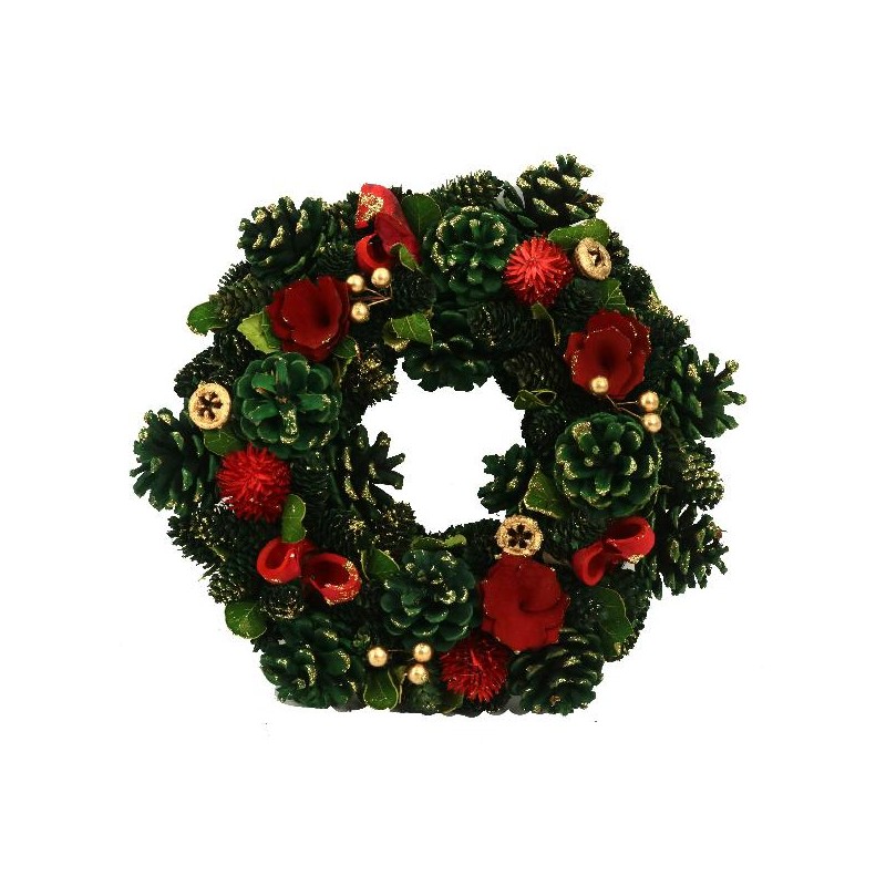 CORONA FIORI ROSSO+PIGNE VERDE d.30cm [9010031-00.jpg]