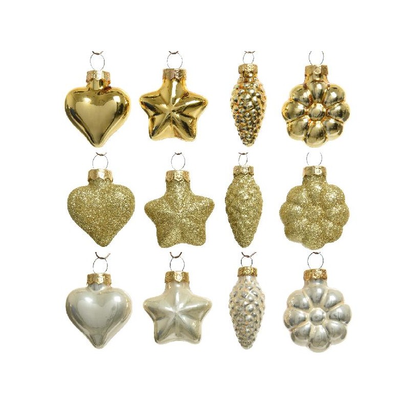 BOX 12 SAGOME VETRO ORO GLITTER h.4cm LUCIDE/OPACHE,CUORE,STELLA,PIGNA,FIOCCO [9010602-00.jpg]