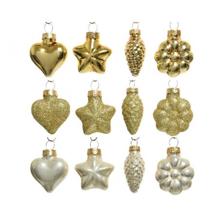 BOX 12 SAGOME VETRO ORO GLITTER h.4cm LUCIDE/OPACHE,CUORE,STELLA,PIGNA,FIOCCO [9010602-00.jpg]