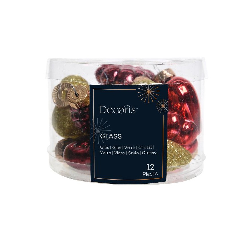 BOX 12 SAGOME VETRO ORO/ROSSO GLITTER LUCIDO,h.4cm,CUORE,STELLA,PIGNA,FIOCCO [9010603-00.jpg]