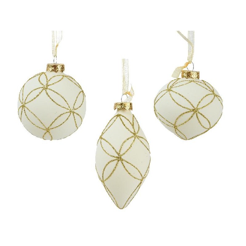 SFERA VETRO BIANCO,GLITTER ORO d.8cm 3 FORME Ass. SFERA,CIPOLLA,PIGNA [9010612-00.jpg]