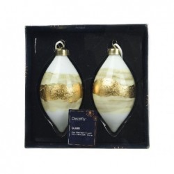 BOX 2 SFERE VETRO BIANCO FASCIA ORO d.10 FORMA DI OLIVA,IN SCATOLA REGALO [9010614-10.jpg]