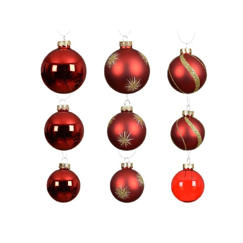 BOX 20 SFERE VETRO ROSSO d.5/6/7cm Ass. TRASPARENTE,GLITTER,LUCIDO,OPACO [9015023-00.jpg]