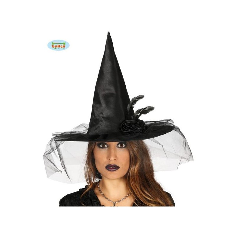 CAPPELLO DA STREGA LUSSO NERO CON VELO, FIORE DI RASO E PIUME [9040128-00.jpg]