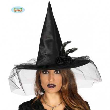 CAPPELLO DA STREGA LUSSO NERO CON VELO, FIORE DI RASO E PIUME [9040128-00.jpg]