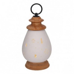 LANTERNA CERAMICA BIANCA CON LED h20cm CON BASE IN LEGNO [9010126-00.jpg]