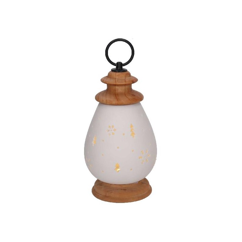 LANTERNA CERAMICA BIANCA CON LED h20cm CON BASE IN LEGNO [9010126-00.jpg]