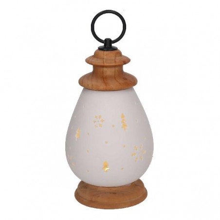 LANTERNA CERAMICA BIANCA CON LED h20cm CON BASE IN LEGNO [9010126-00.jpg]