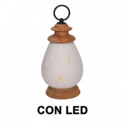 LANTERNA CERAMICA BIANCA CON LED h20cm CON BASE IN LEGNO [9010126-20.jpg]