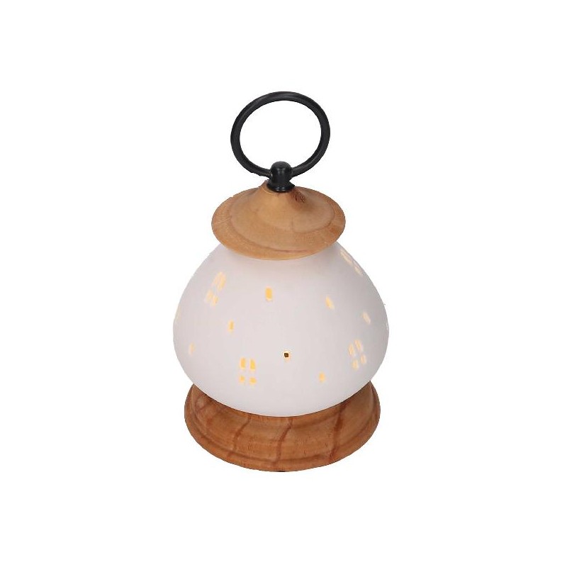 LANTERNA CERAMICA BIANCA CON LED h14cm CON BASE IN LEGNO [9010127-00.jpg]