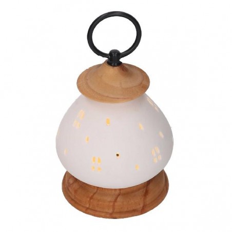 LANTERNA CERAMICA BIANCA CON LED h14cm CON BASE IN LEGNO [9010127-00.jpg]