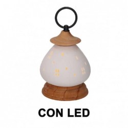 LANTERNA CERAMICA BIANCA CON LED h14cm CON BASE IN LEGNO [9010127-20.jpg]