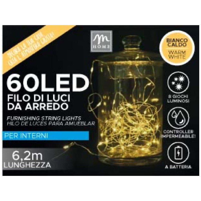 FILO 60 LUCI LED BATTERIA BIANCO CALDO CAVO 6,2mt 8 GIOCHI USO INTERNO [9901060-00.jpg]