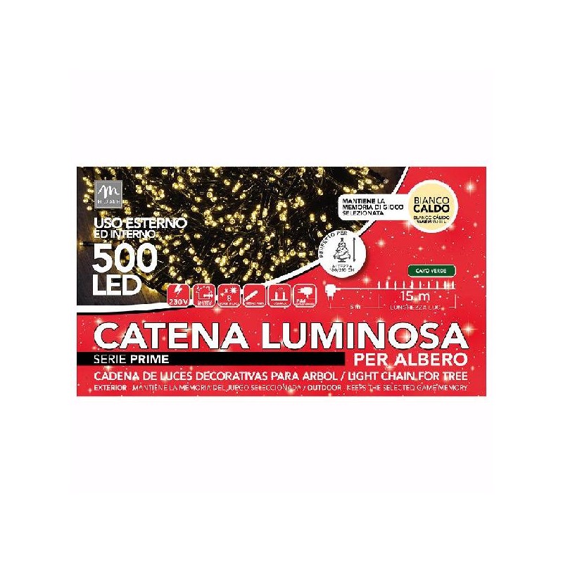 FILO 500 LUCI LED BIANCO CALDO 8 GIOCHI USO ESTERNO/INTERNO FILO VERDE 20mt Tot. [9901044-00.jpg]