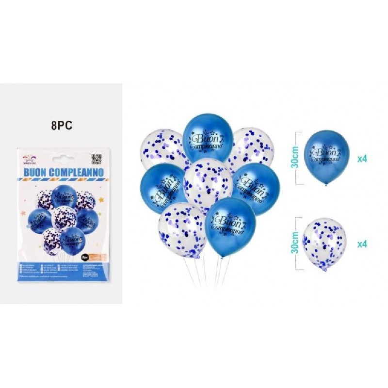 SET 8 PALLONCINI B/COMPLEANNO BLU 30cm