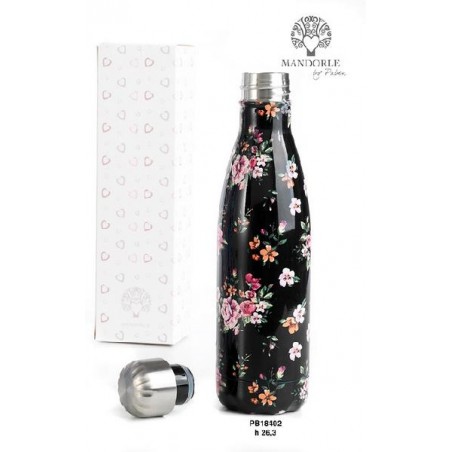 BORRACCIA TERMICA 500ml NERA A FIORI CON SCATOLA REGALO