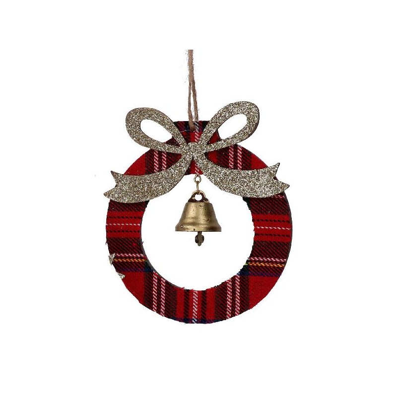 ADDOBBO LEGNO SCOZZESE ROSSO d.10cm FIOCCO ORO GLITTER+CAMPANELLINA ORO [9010117-00.jpg]