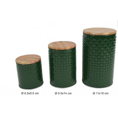 SET 3 BARATTOLI TONDI LATTA VERDE TAPPO LEGNO d.8x10cm-d.10x14cm-d.11x18cm [9015419-00.jpg]