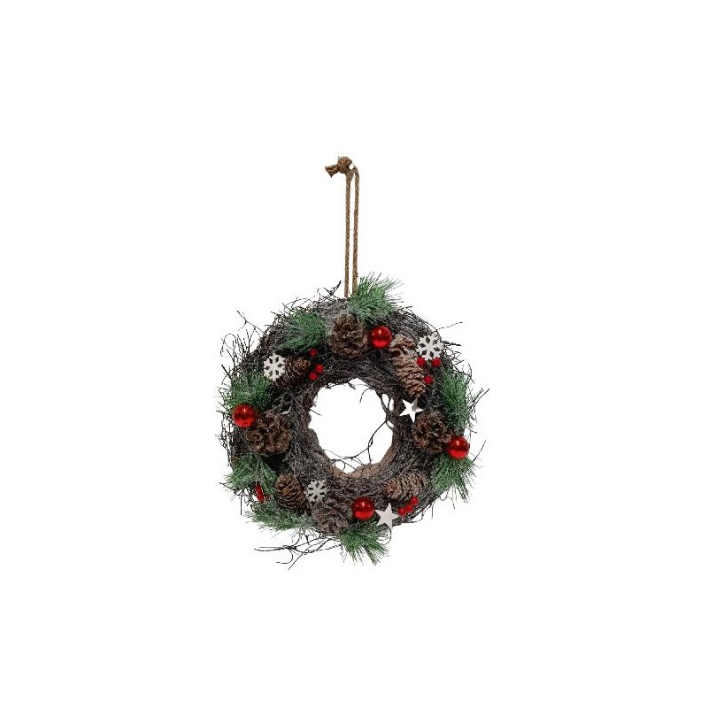 CORONA FUORIPORTA LEGNO INTRECC. d.30 PIGNE/BACCHE ROSSE e PALLINE d.3cm [9011186-00.jpg]