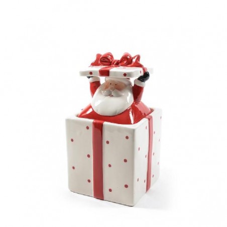 ---BISCOTTIERA CERAMICA BIANCA POIS ROSS BABBO NATALE C/FIOCCO ROSSO 13x24cm h. [9011238-00.jpg]