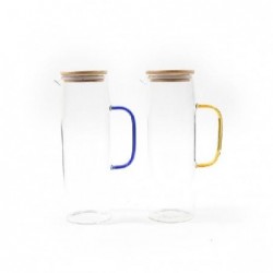 CARAFFA IN VETRO BOROSILICATO CON TAPPO IN BAMBU E MANICO COLORATO 1200ml 15x9h26,5cm [0300297-00.jpg]