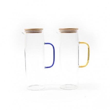CARAFFA IN VETRO BOROSILICATO CON TAPPO IN BAMBU E MANICO COLORATO 1200ml 15x9h26,5cm [0300297-00.jpg]