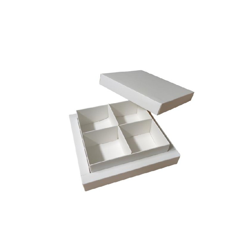 SCATOLA DEGUSTAZIONE 17x17h5cm BIANCA non adatta sl contatto diretto alimenti CON SEPARATORI + CELLOPHAN [0190220-00.jpg]